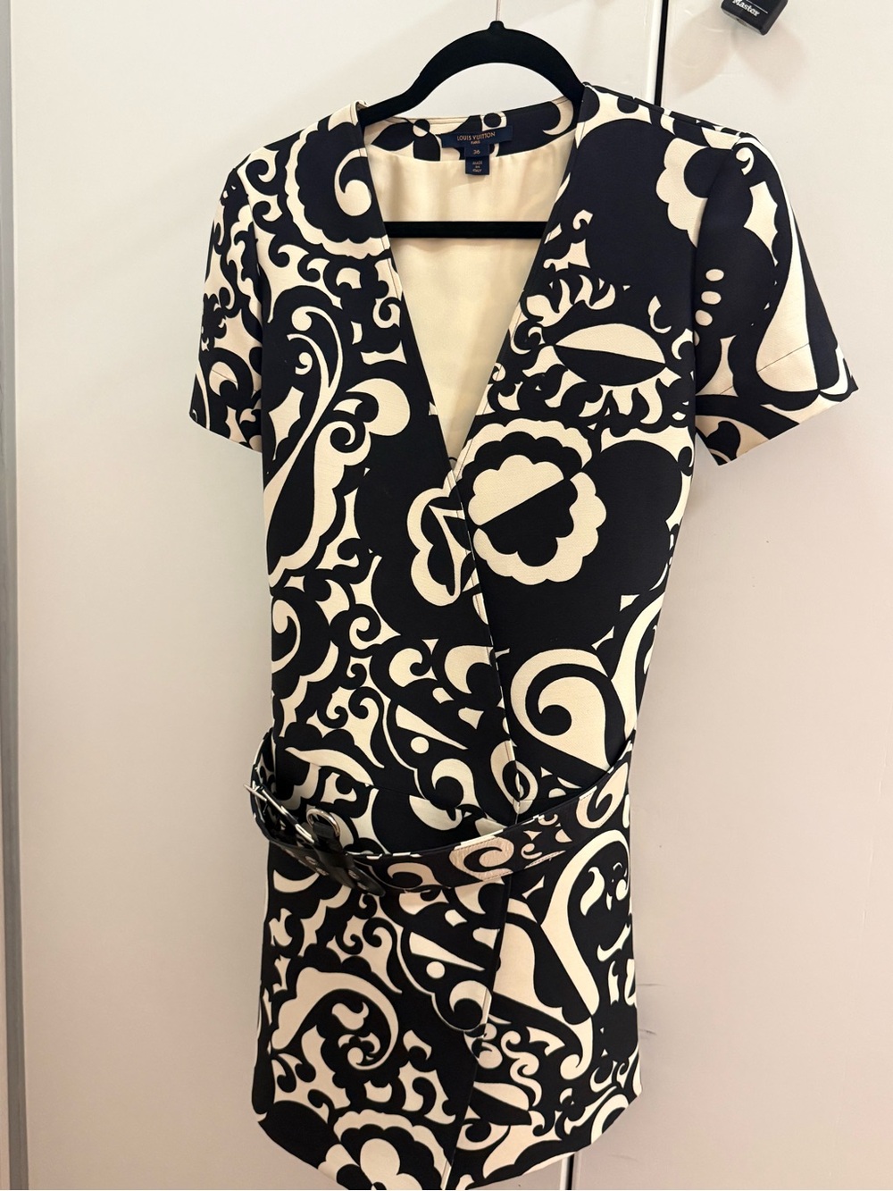 Louis Vuitton Black and Cream Short Sleeve Wrap Dress with Belt